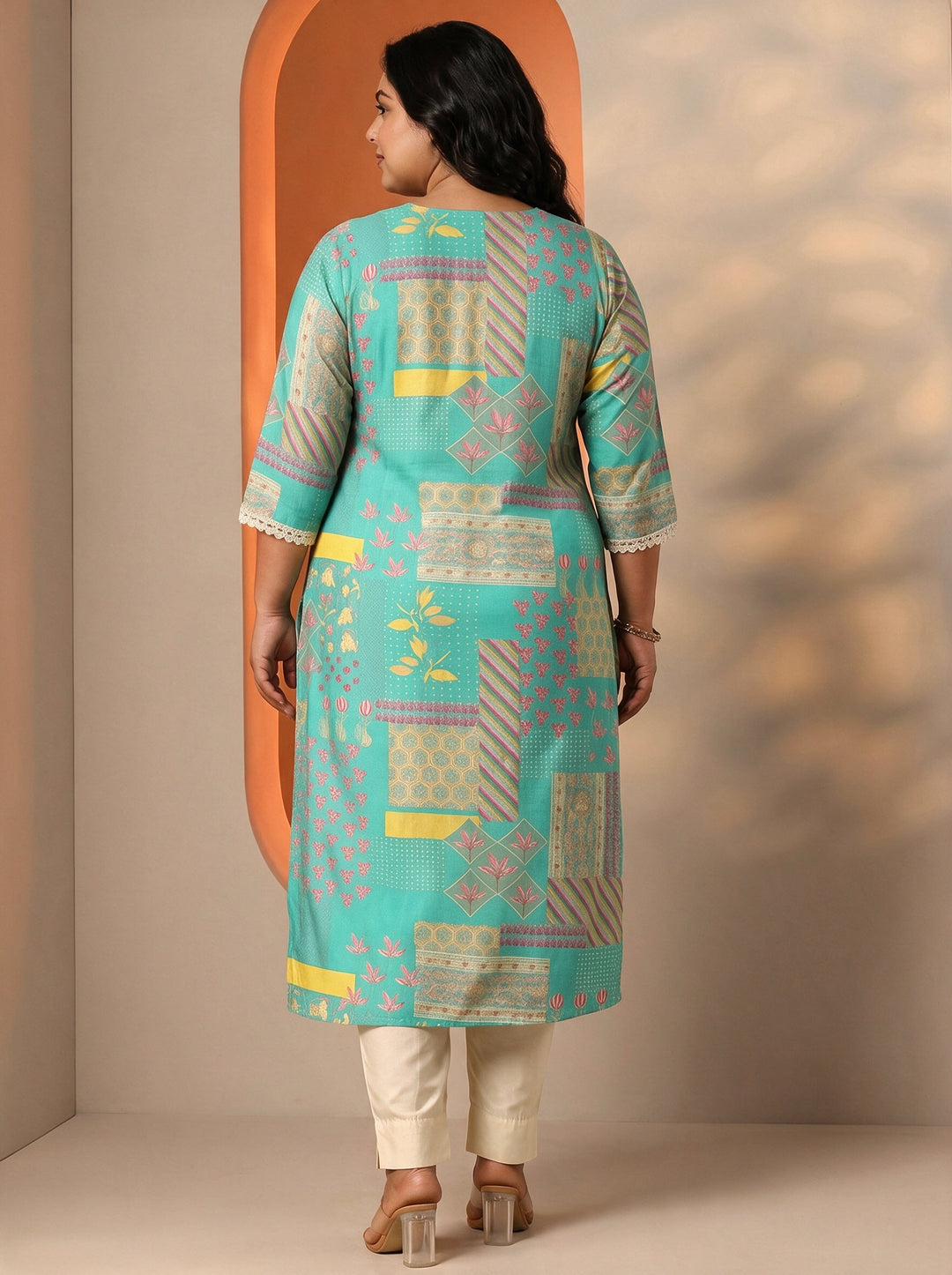Plus Size Blue Floral Printed Silk Blend Straight Kurta