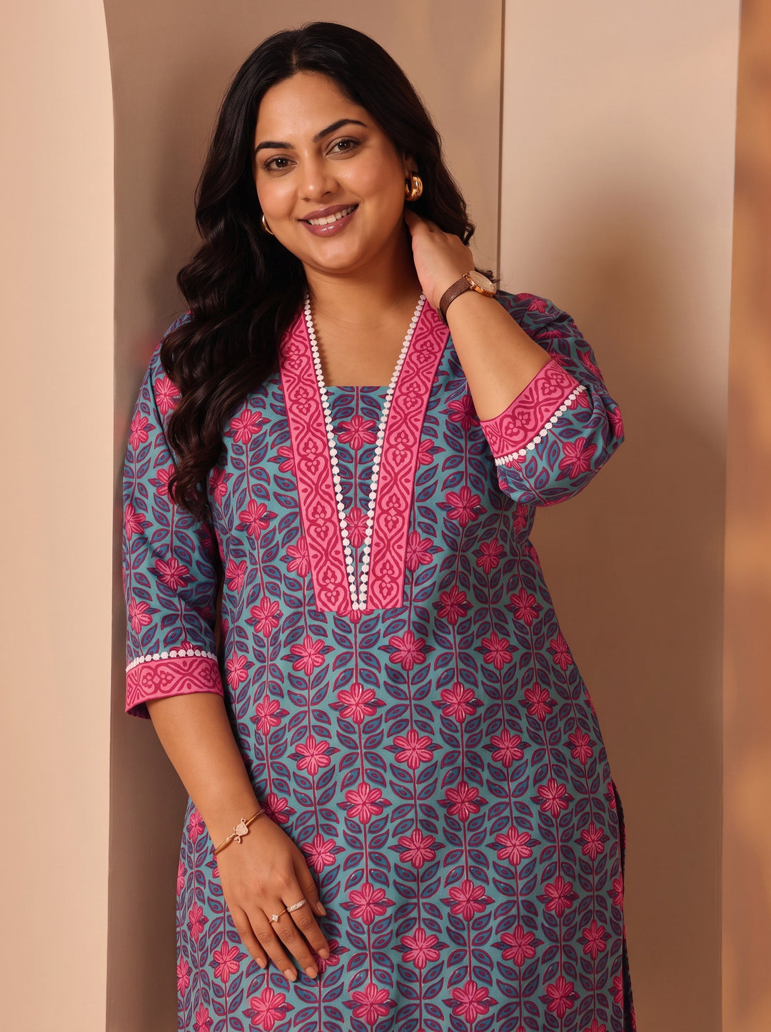 Plus Size Blue Printed Cotton Straight Kurta