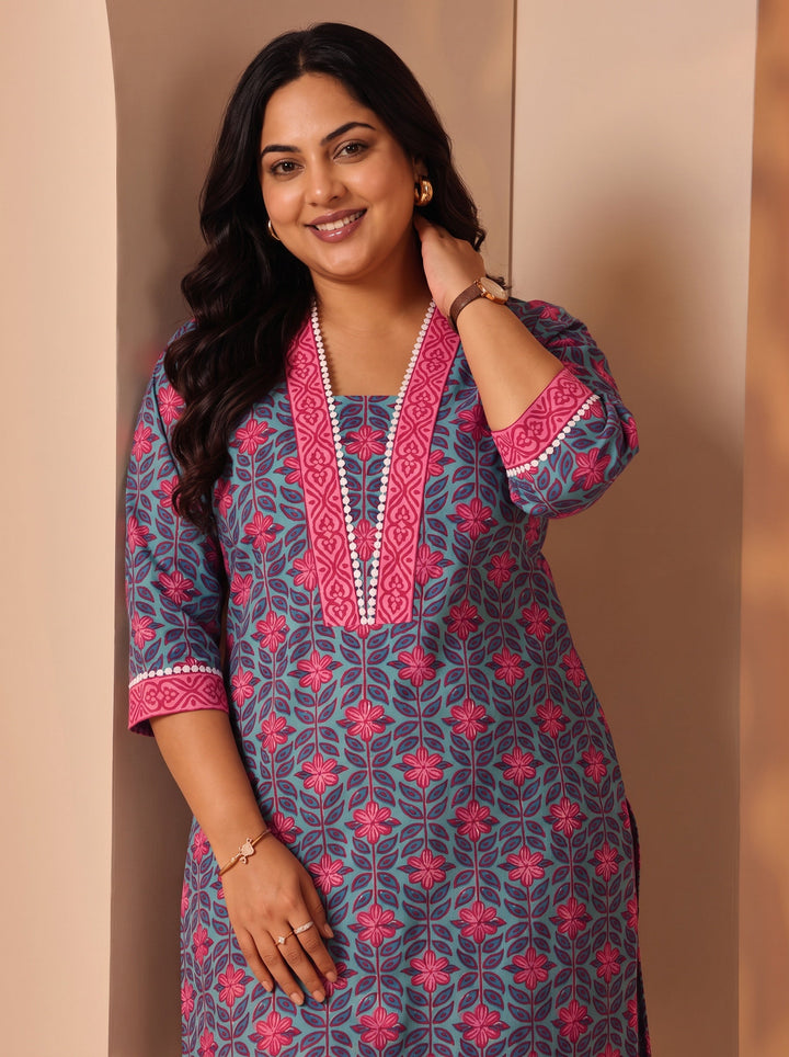 Plus Size Blue Printed Cotton Straight Kurta