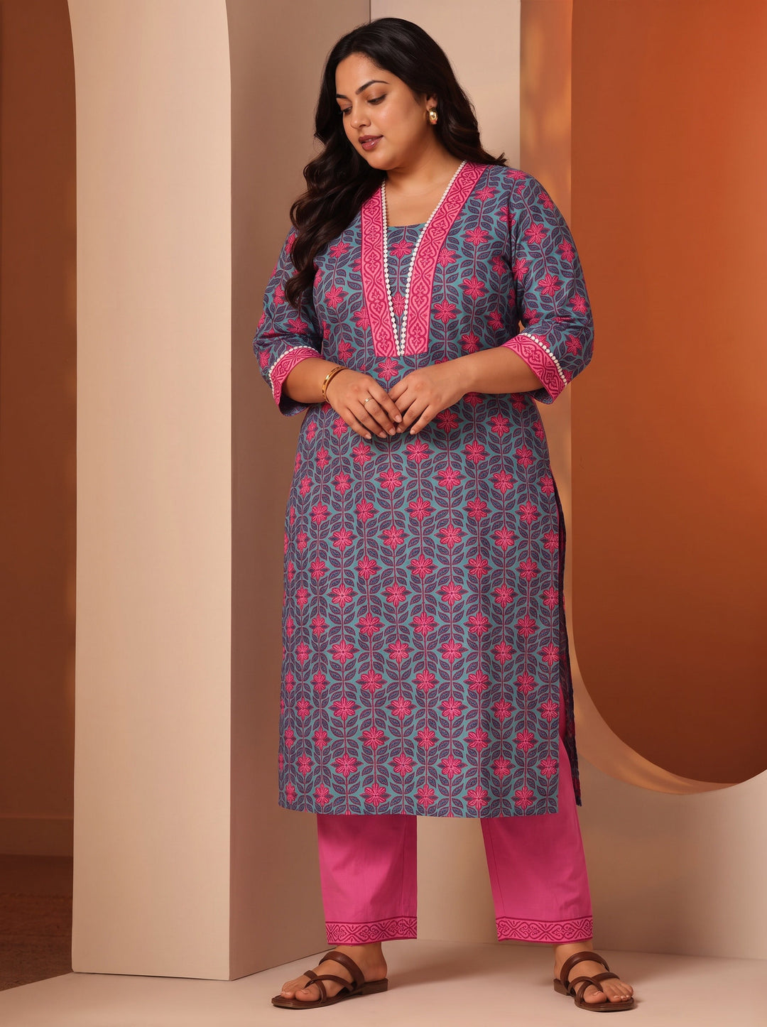 Plus Size Blue Printed Cotton Straight Kurta