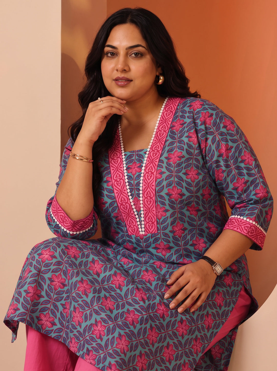 Plus Size Blue Printed Cotton Straight Kurta