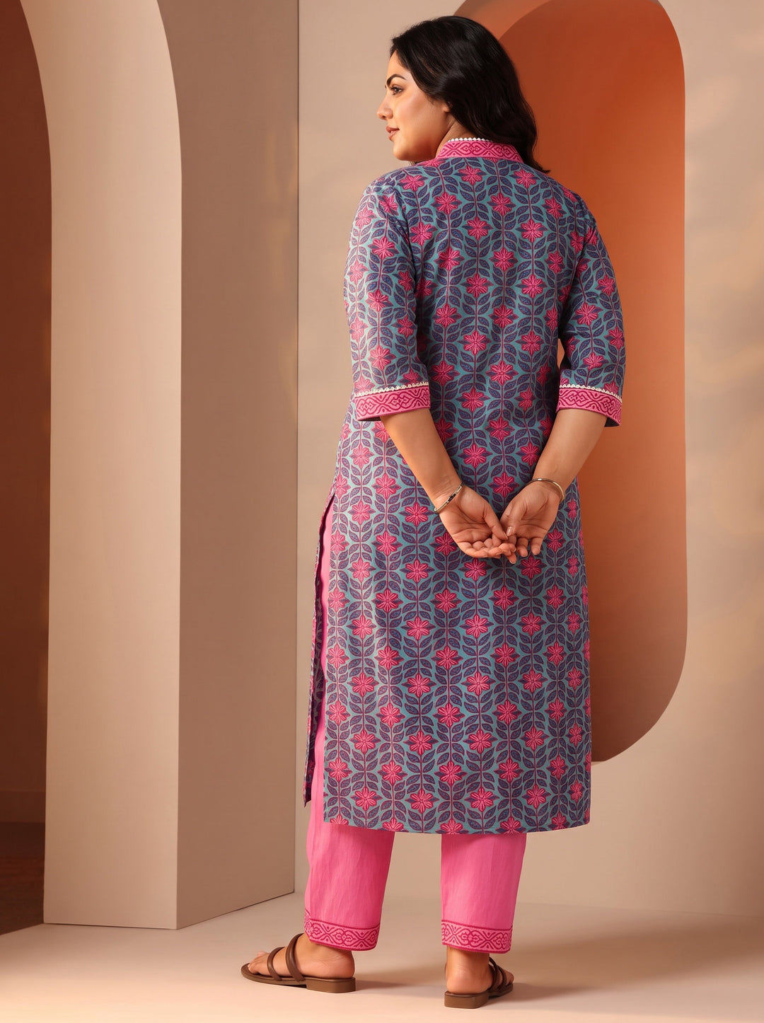 Plus Size Blue Printed Cotton Straight Kurta