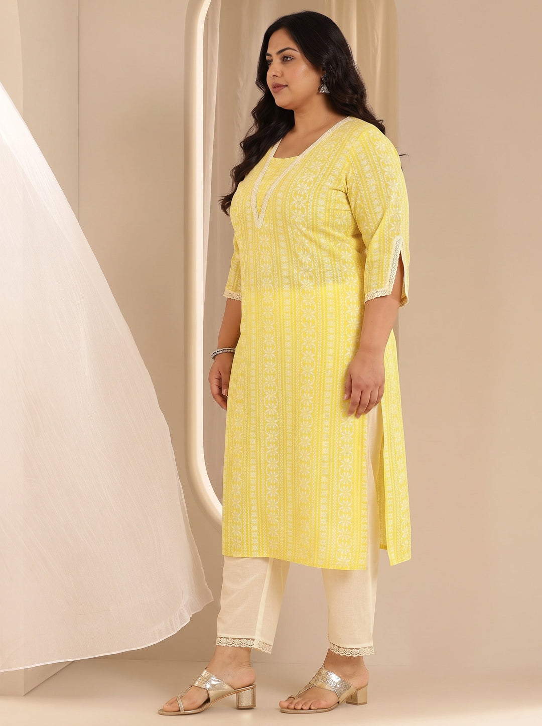 Plus Size Yellow Printed Rayon Straight Kurta