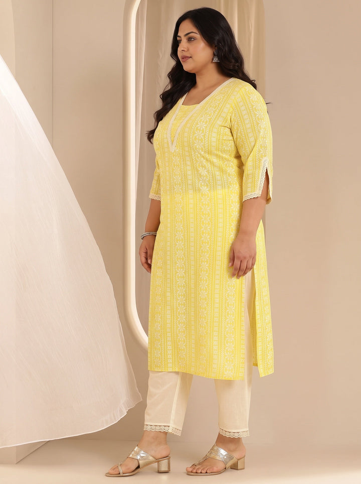 Plus Size Yellow Printed Rayon Straight Kurta