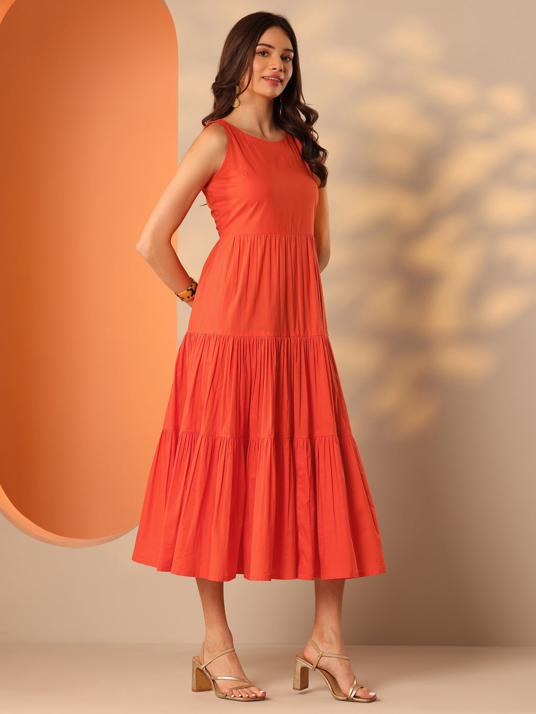 Orange Solid Cotton Fit And Flare One Piece Dress