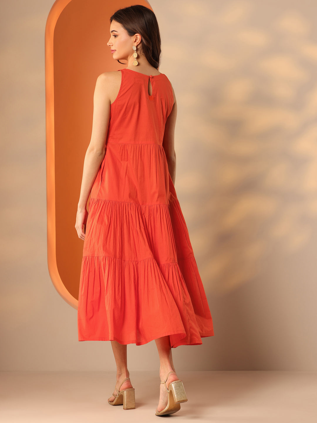Orange Solid Cotton Fit And Flare One Piece Dress