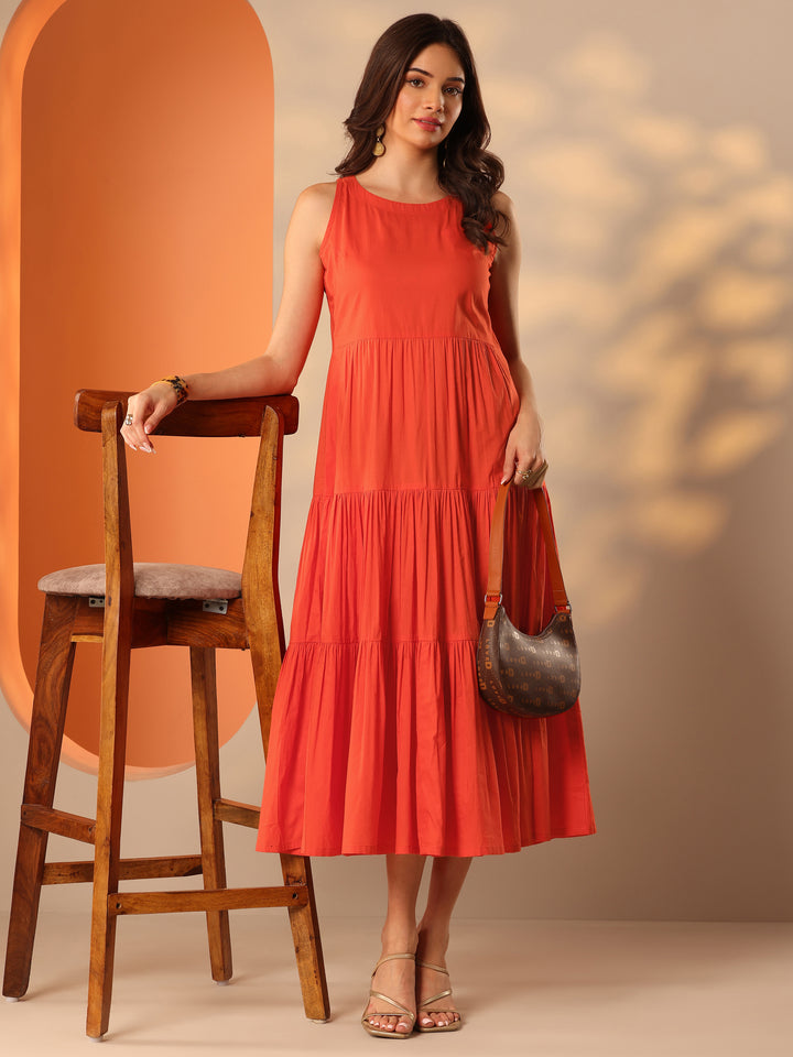 Orange Solid Cotton Fit And Flare One Piece Dress