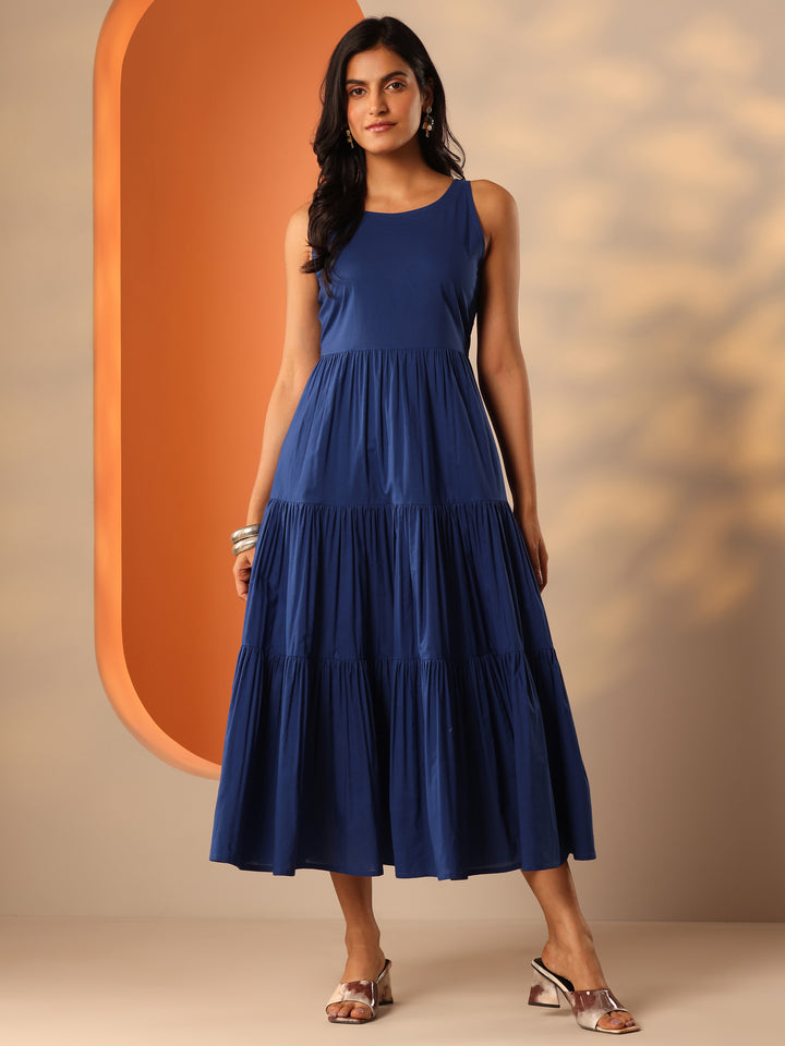 Blue Solid Cotton Fit And Flare One Piece Dress