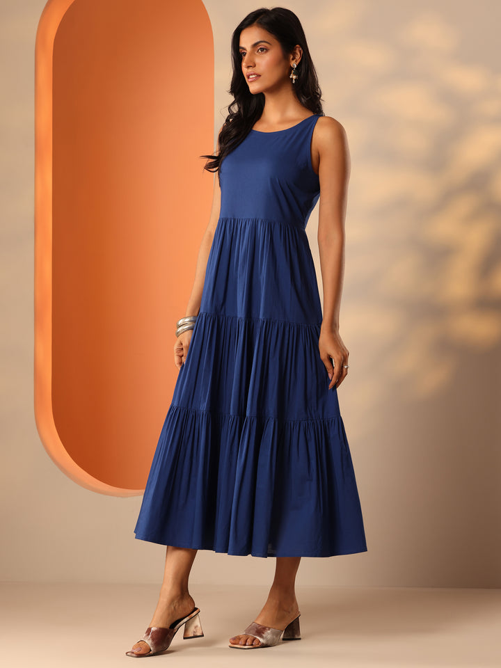 Blue Solid Cotton Fit And Flare One Piece Dress