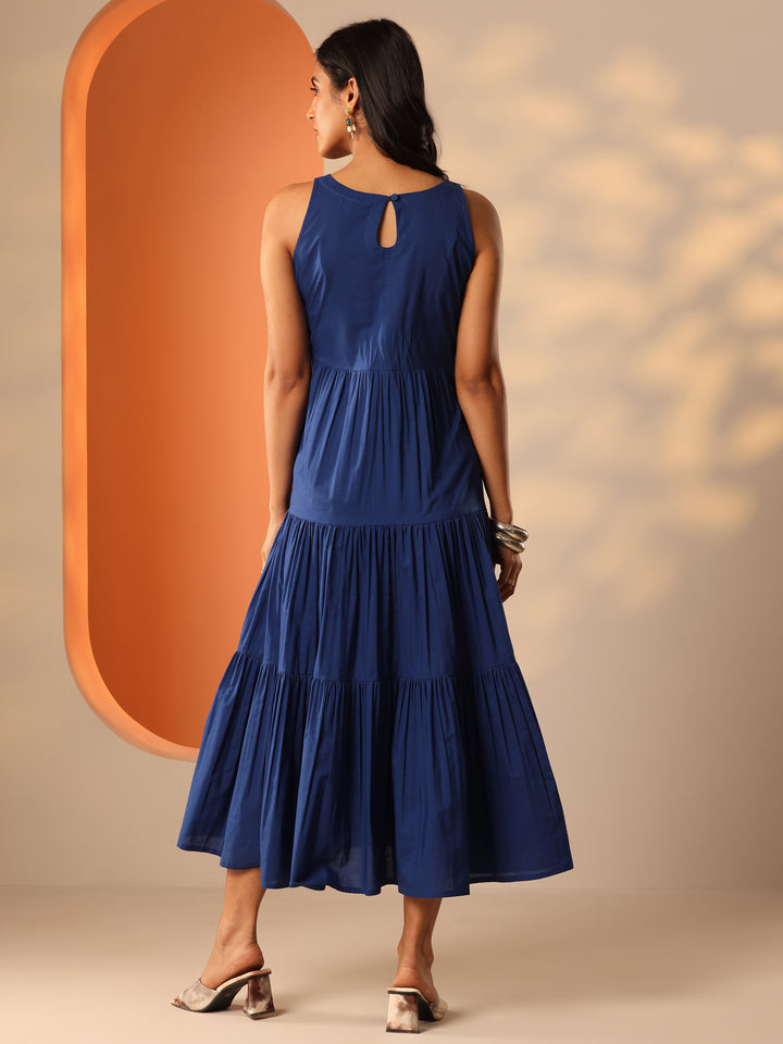 Blue Solid Cotton Fit And Flare One Piece Dress