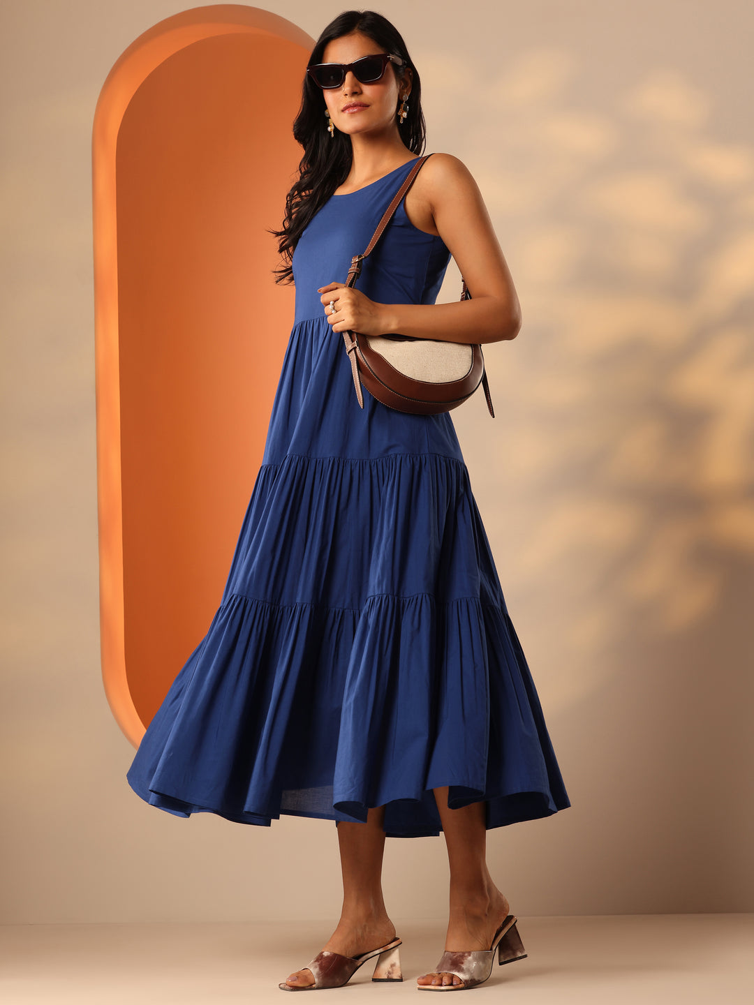 Blue Solid Cotton Fit And Flare One Piece Dress