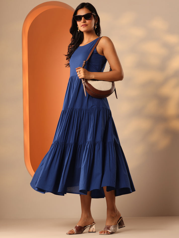 Blue Solid Cotton Fit And Flare One Piece Dress