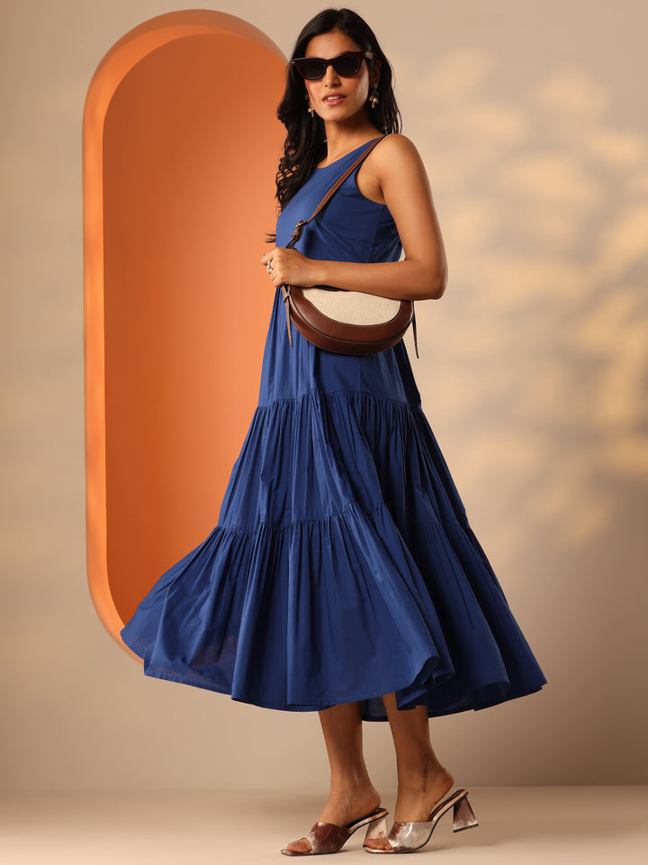 Blue Solid Cotton Fit And Flare One Piece Dress