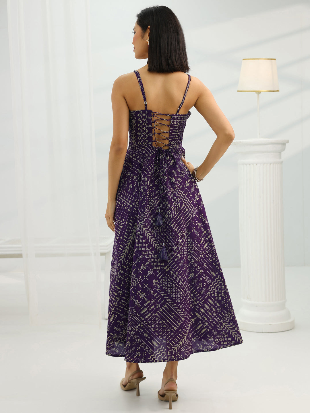 Purple Printed Silk Blend Fit And Flare One Piece Dress