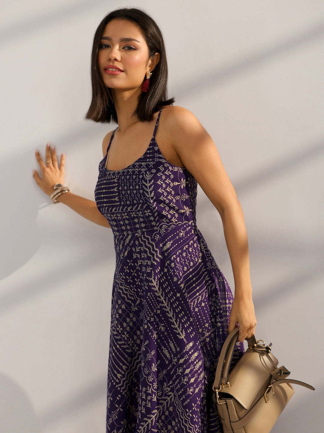 Purple Printed Silk Blend Fit And Flare One Piece Dress