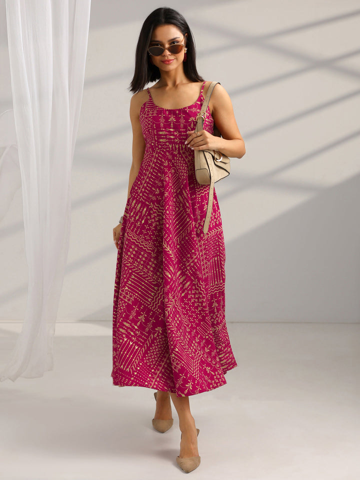 Maroon Printed Silk Blend Fit And Flare One Piece Dress