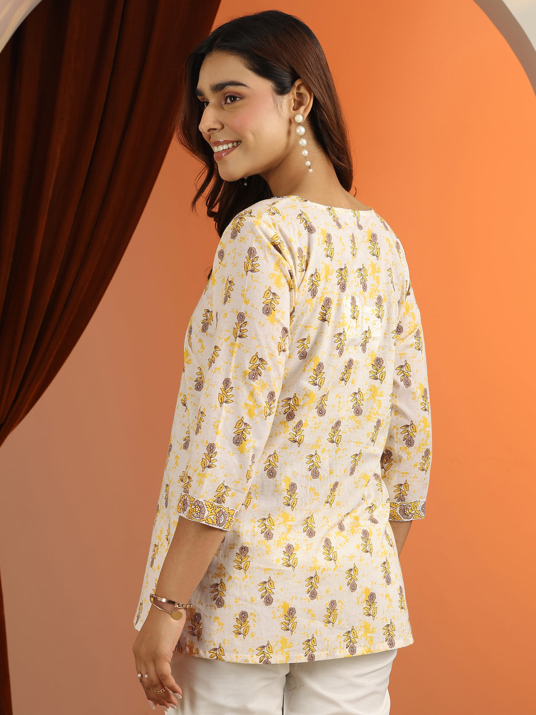 Off White Printed Cotton Straight Short Kurti