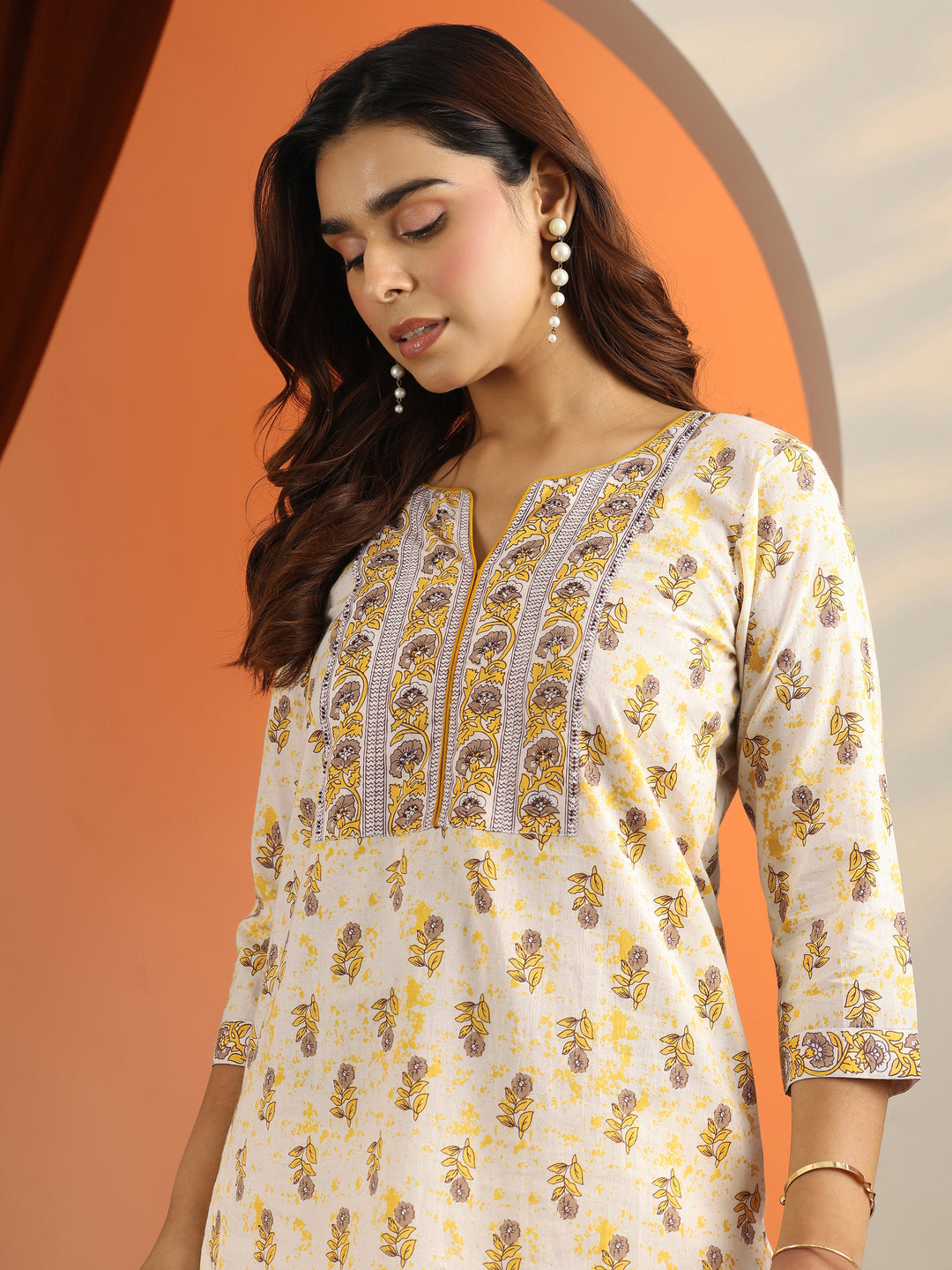 Off White Printed Cotton Straight Short Kurti