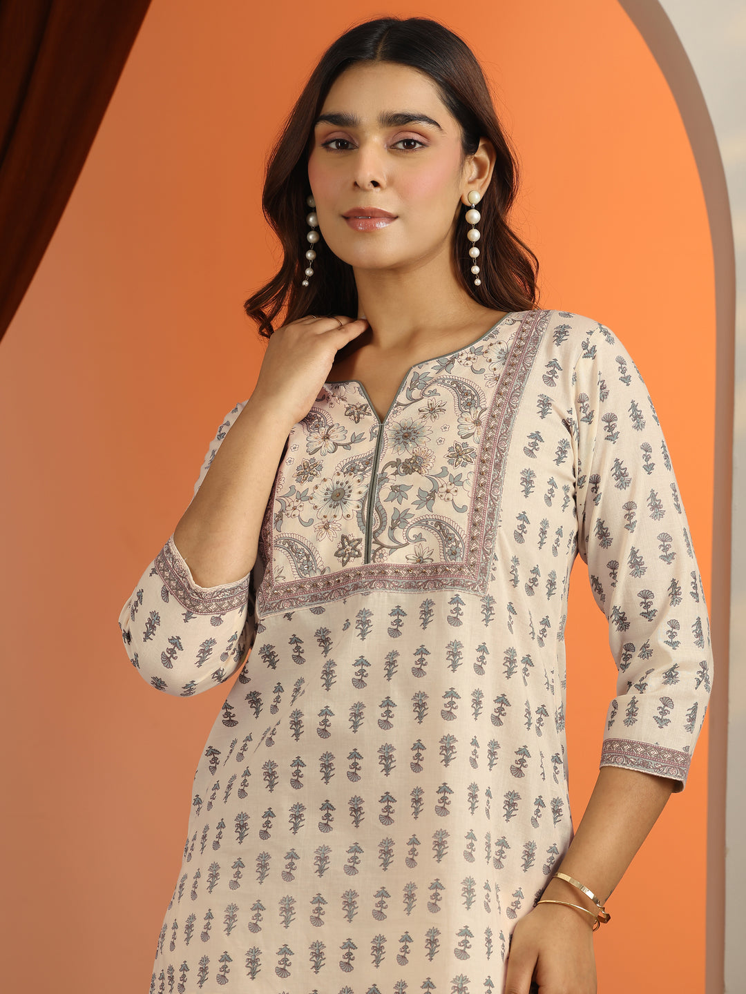 Off White Printed Cotton Straight Short Kurti