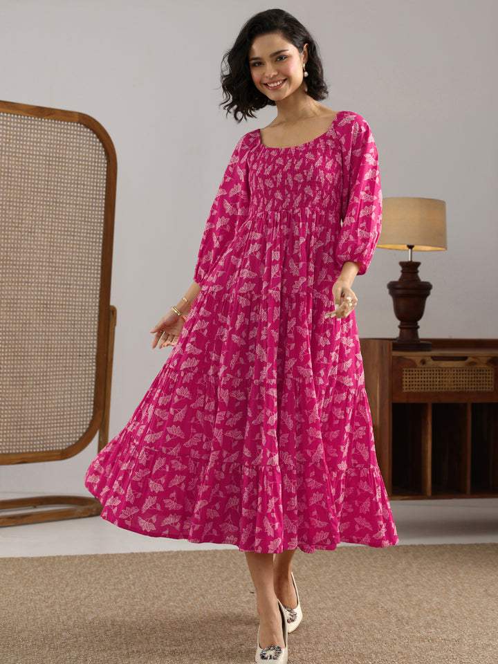 Pink Printed Cotton Fit And Flare One Piece Dress