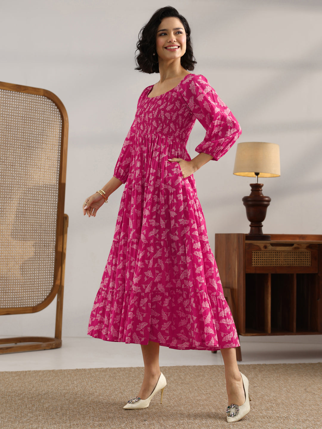 Pink Printed Cotton Fit And Flare One Piece Dress