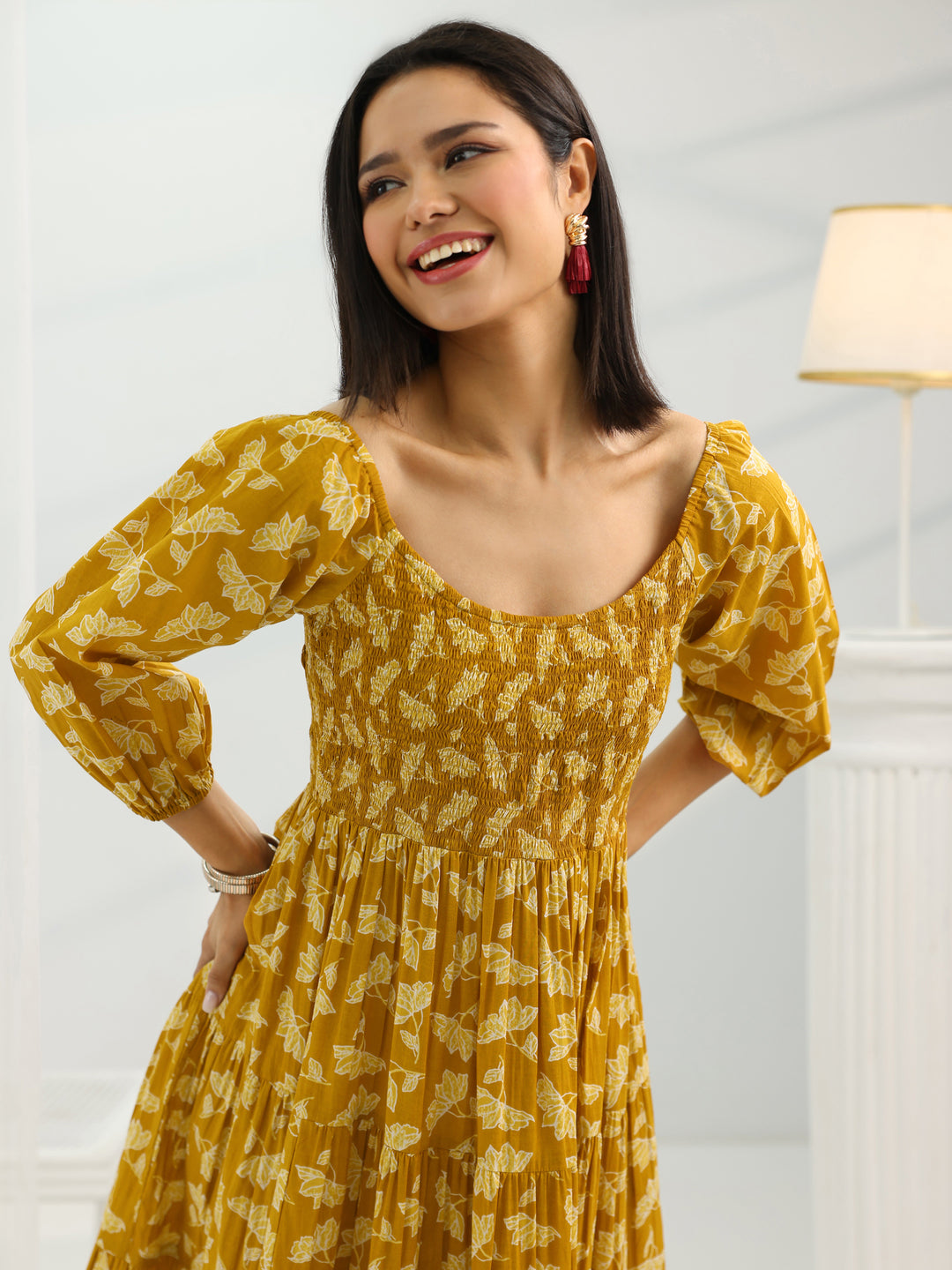 Mustard Printed Cotton Fit And Flare One Piece Dress