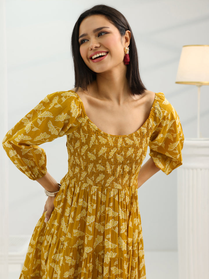 Mustard Printed Cotton Fit And Flare One Piece Dress