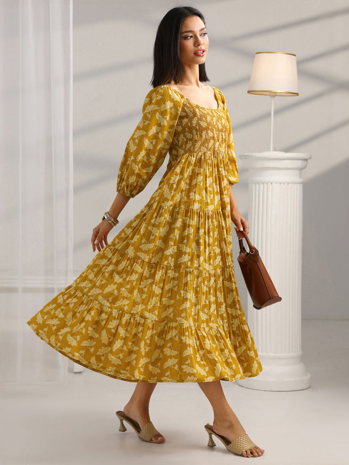 Mustard Printed Cotton Fit And Flare One Piece Dress
