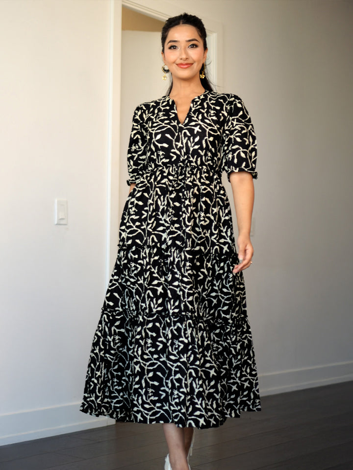 Black Printed Cotton Fit And Flare One Piece Dress