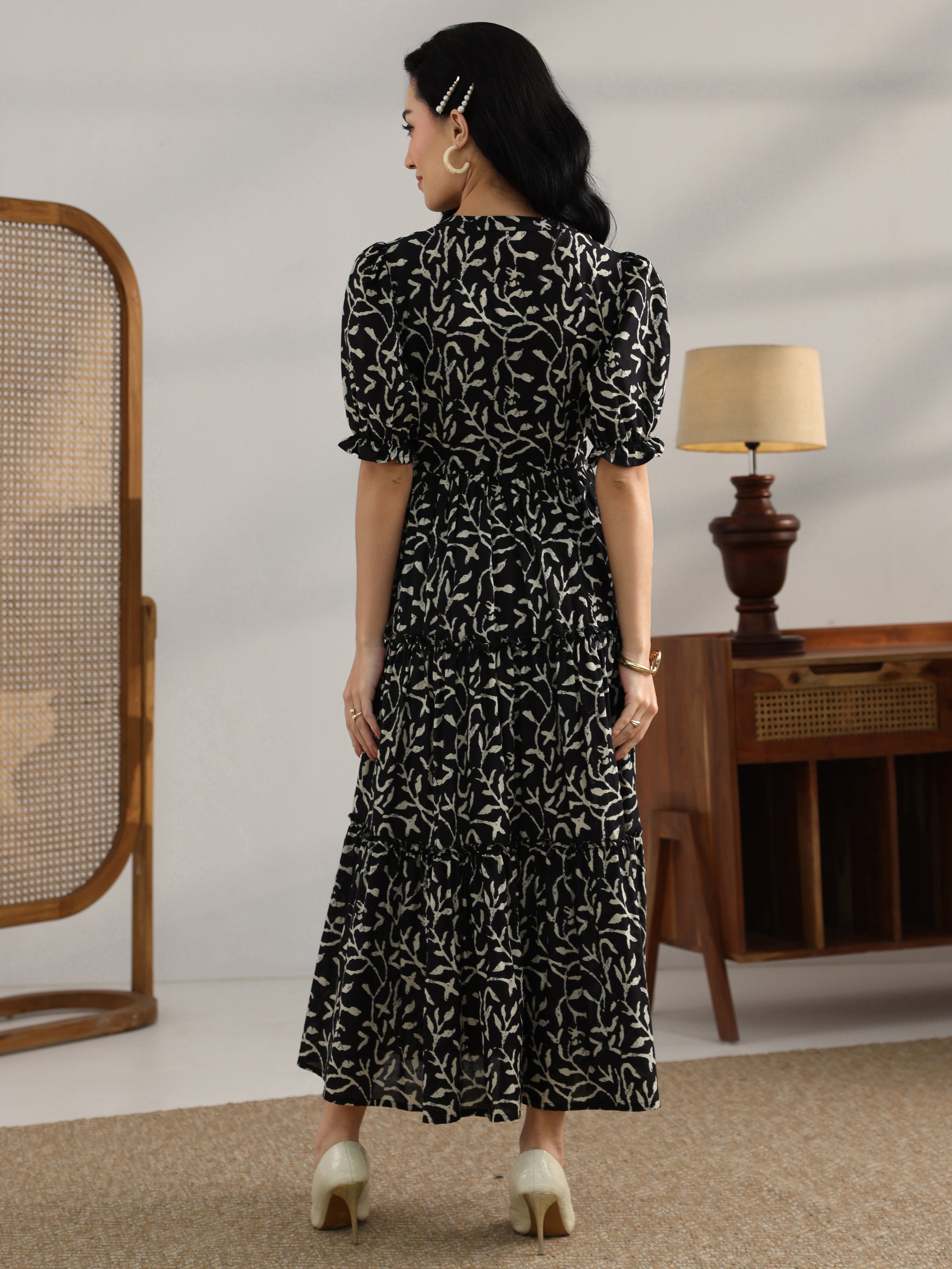 Buy Black Printed Cotton Fit And Flare One Piece Dress Online at