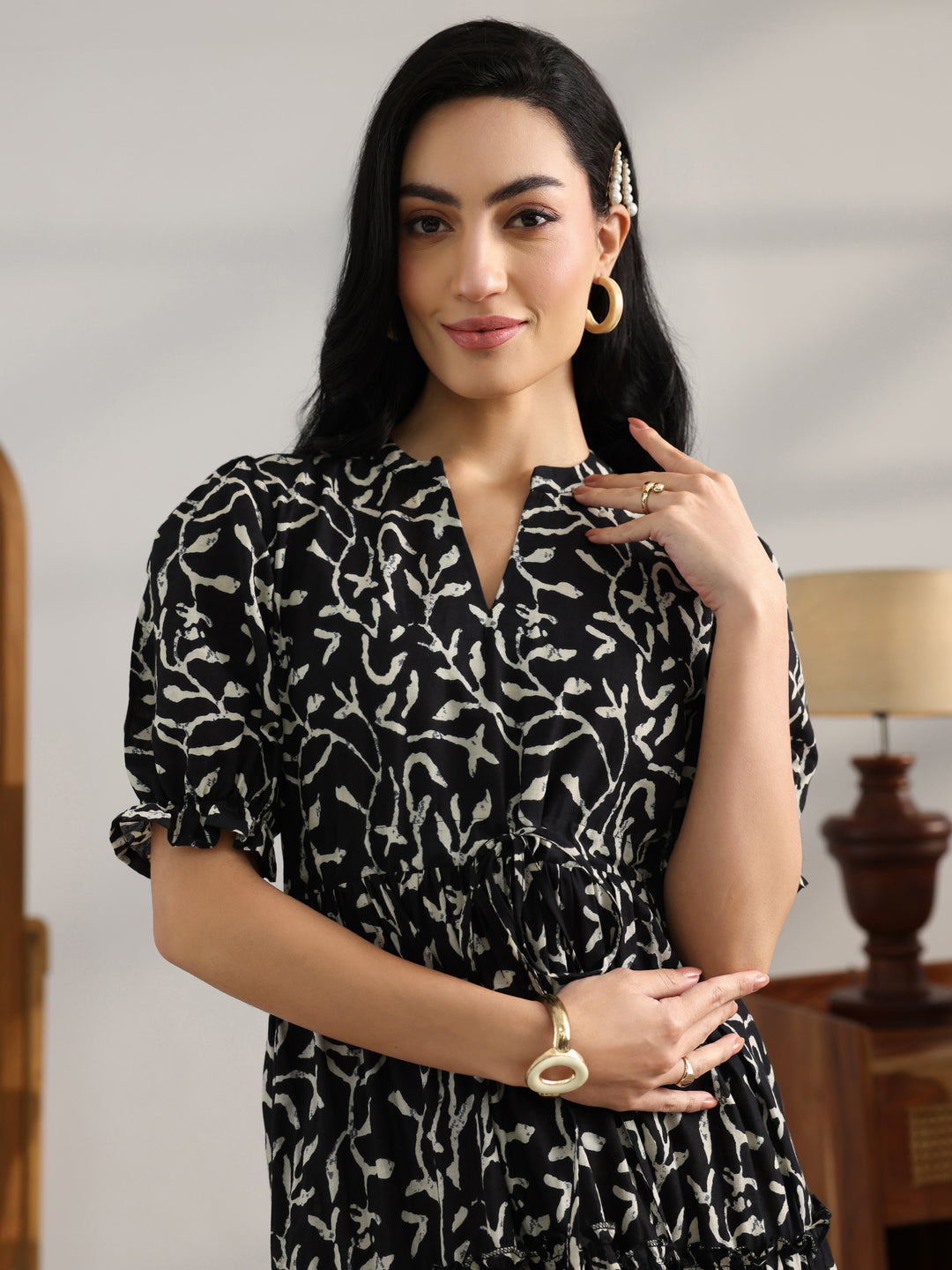 Libas Black Printed Cotton Fit And Flare One Piece Dress