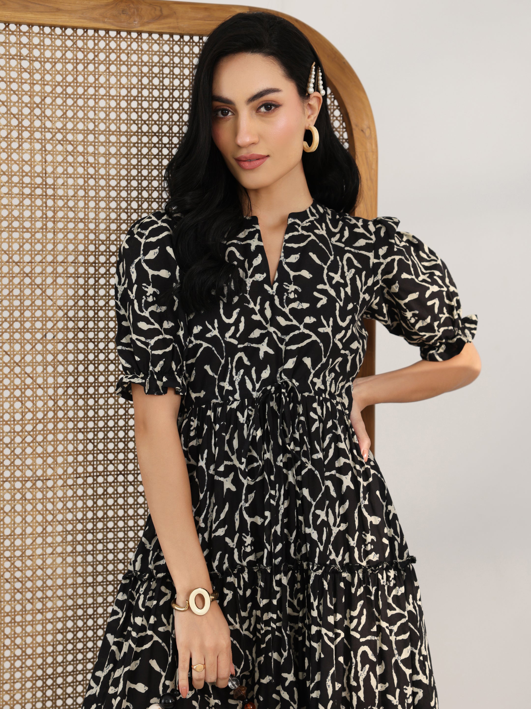 Buy Black Printed Cotton Fit And Flare One Piece Dress Online at