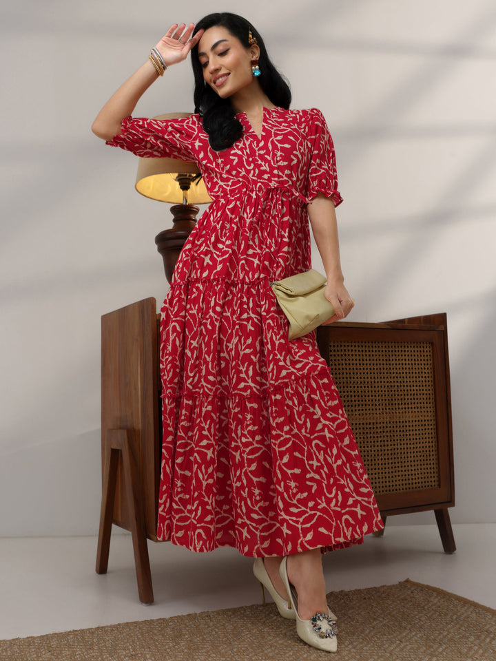 Red Printed Cotton Fit And Flare One Piece Dress