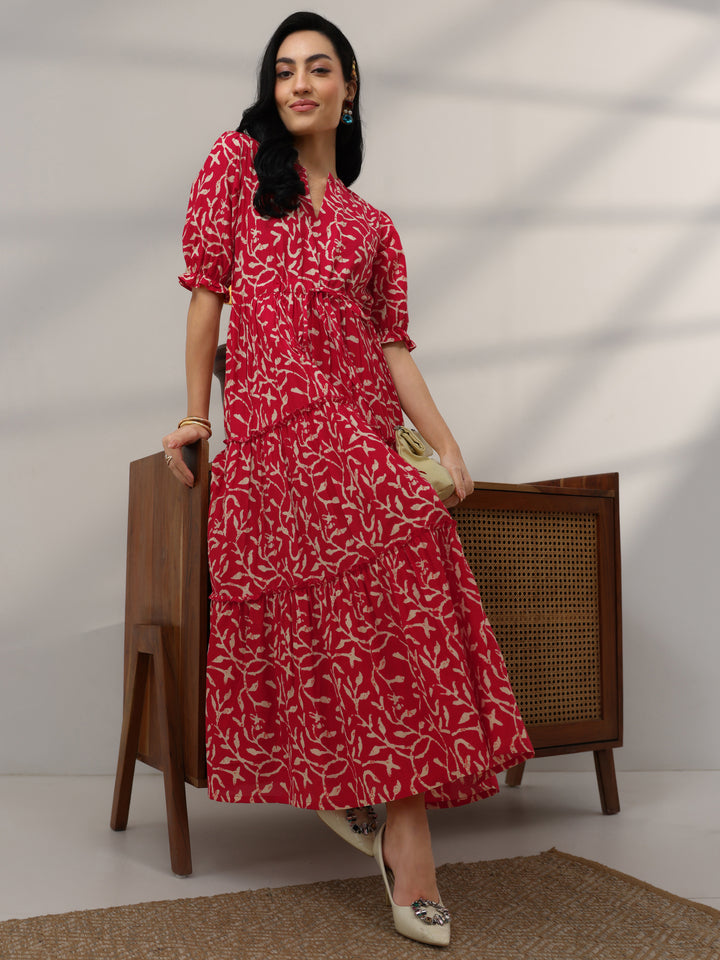 Red Printed Cotton Fit And Flare One Piece Dress