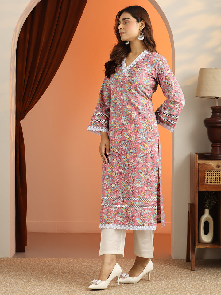Pink Printed Cotton Straight Kurta