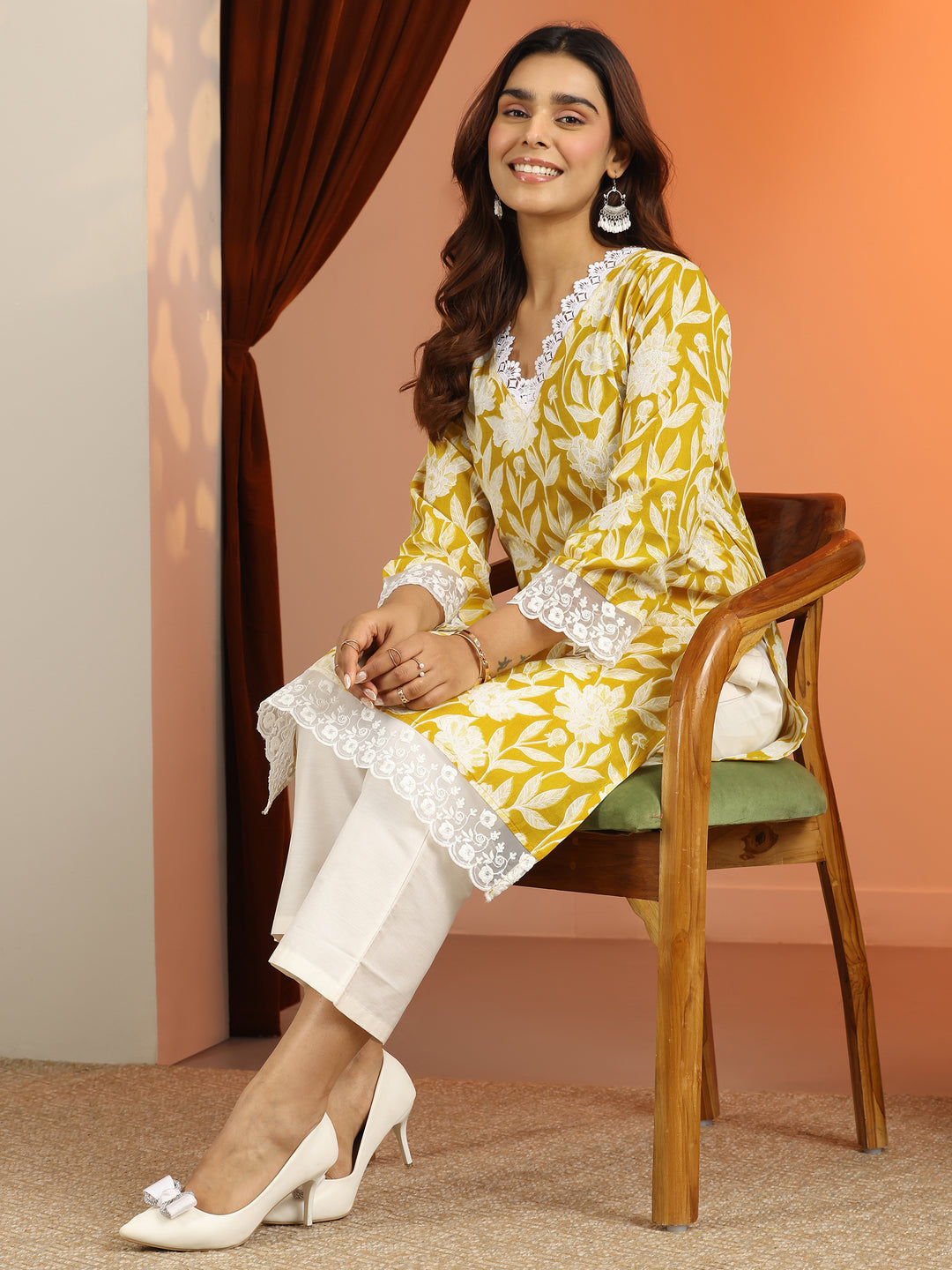 Yellow Printed Cotton Straight Kurta