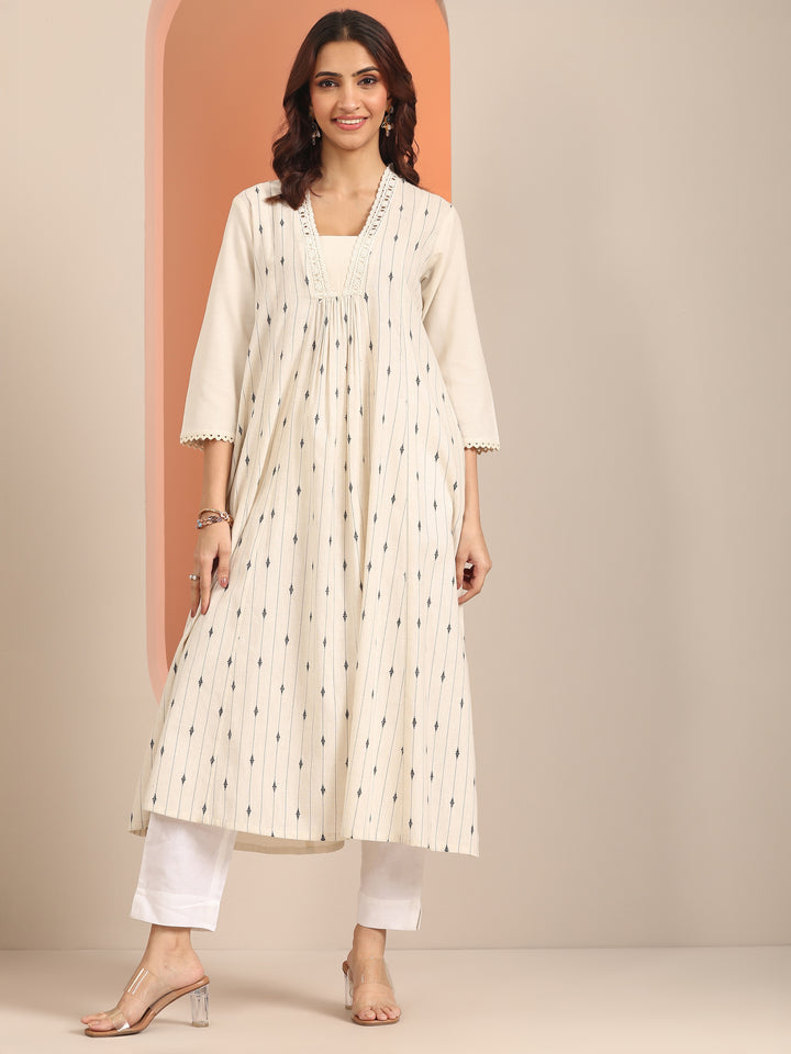 Off White Woven Design Cotton Blend Panelled A-Line One Piece Dress
