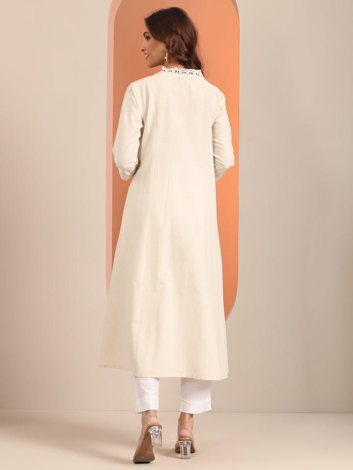 Off White Woven Design Cotton Blend Panelled A-Line One Piece Dress