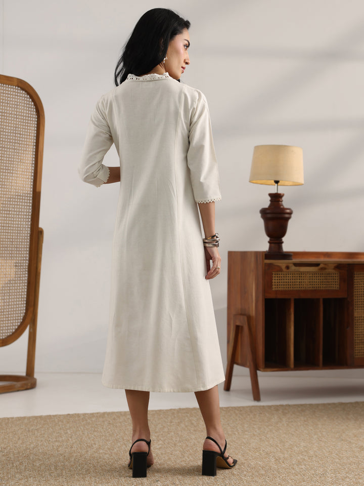 Off White Woven Design Cotton Blend Panelled A-Line One Piece Dress