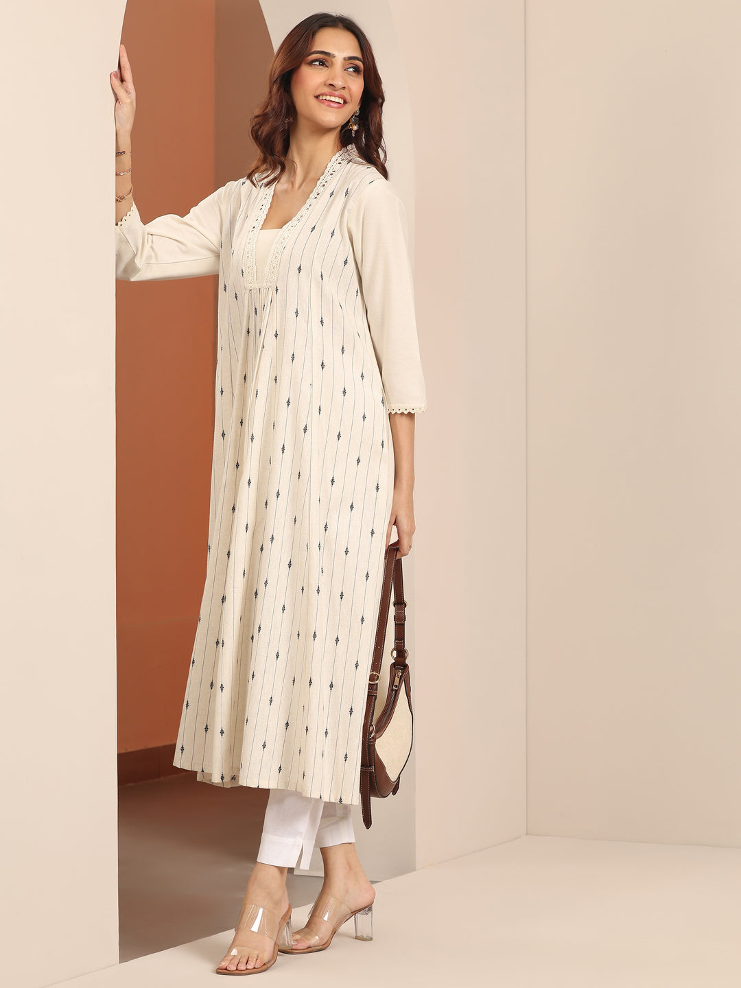 Off White Woven Design Cotton Blend Panelled A-Line One Piece Dress