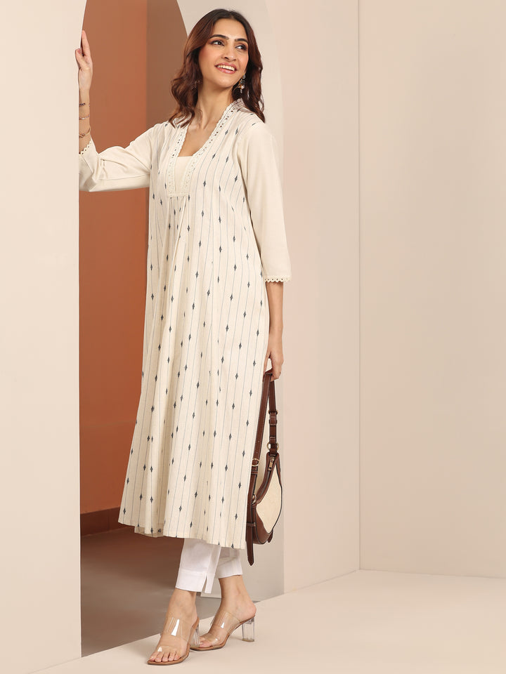 Off White Woven Design Cotton Blend Panelled A-Line One Piece Dress