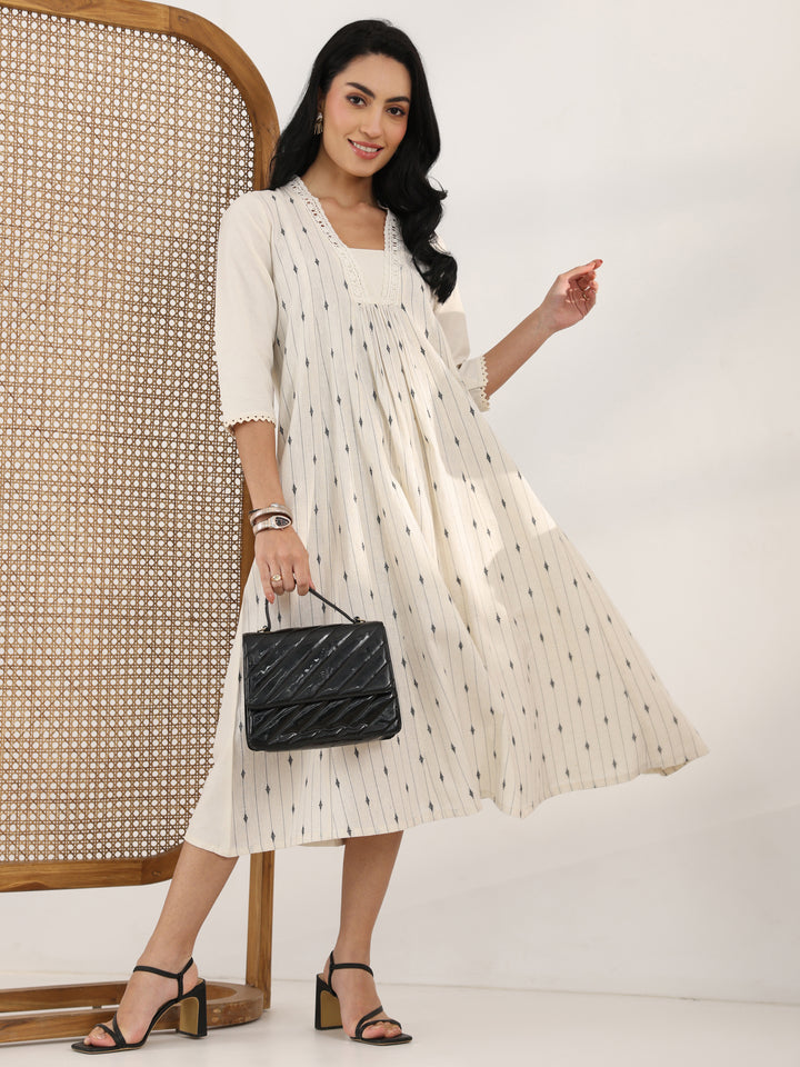 Off White Woven Design Cotton Blend Panelled A-Line One Piece Dress