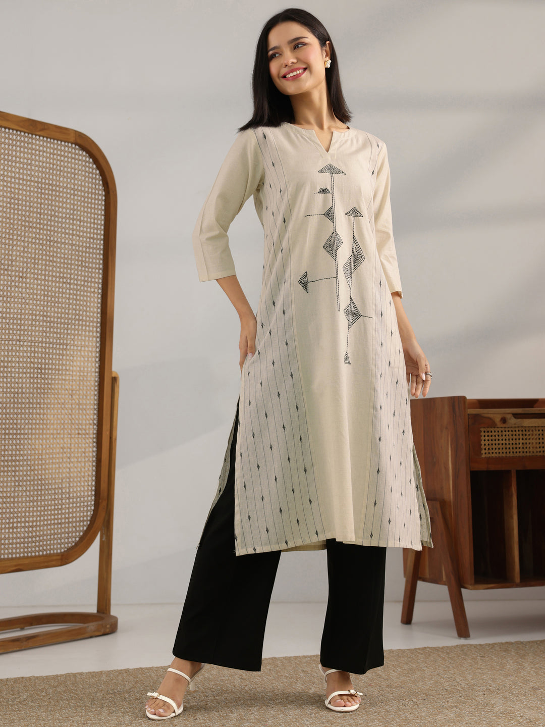 Off White Embroidered Cotton Blend Straight Kurta