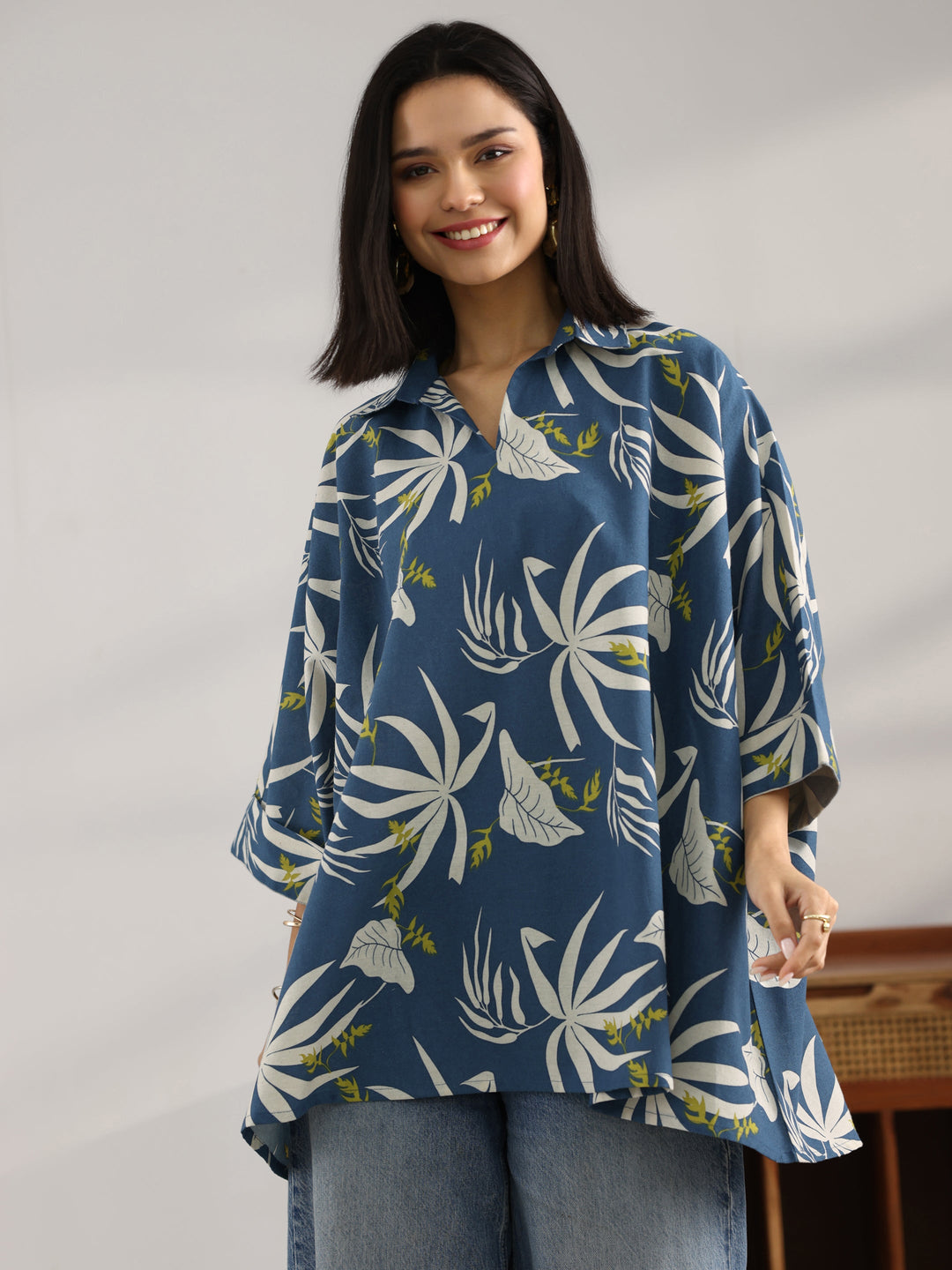 Blue Printed Cotton Straight Short Kurti
