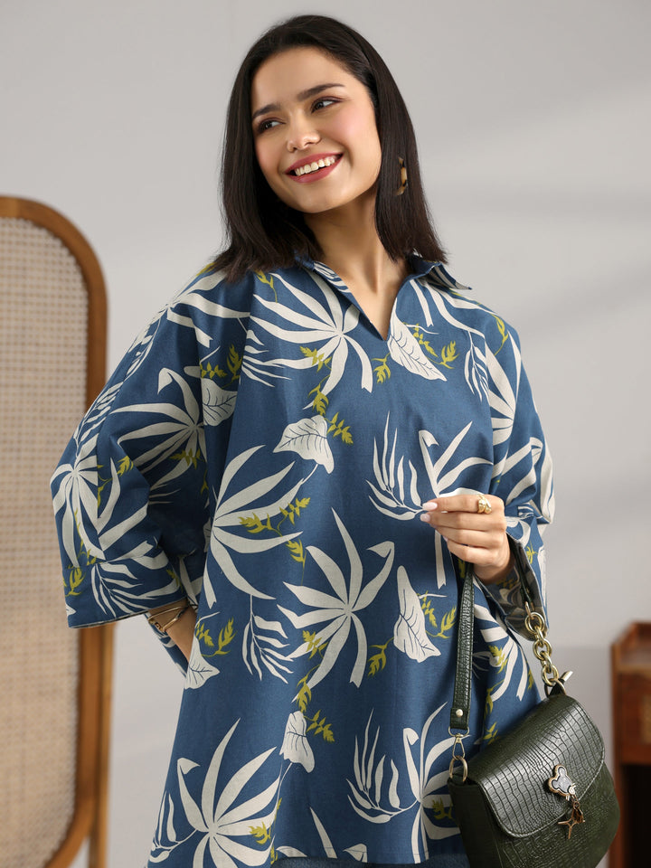 Blue Printed Cotton Straight Short Kurti