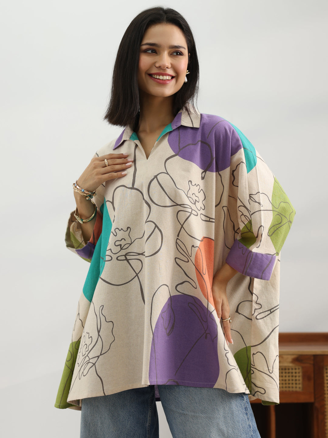Off White Printed Cotton Straight Short Kurti