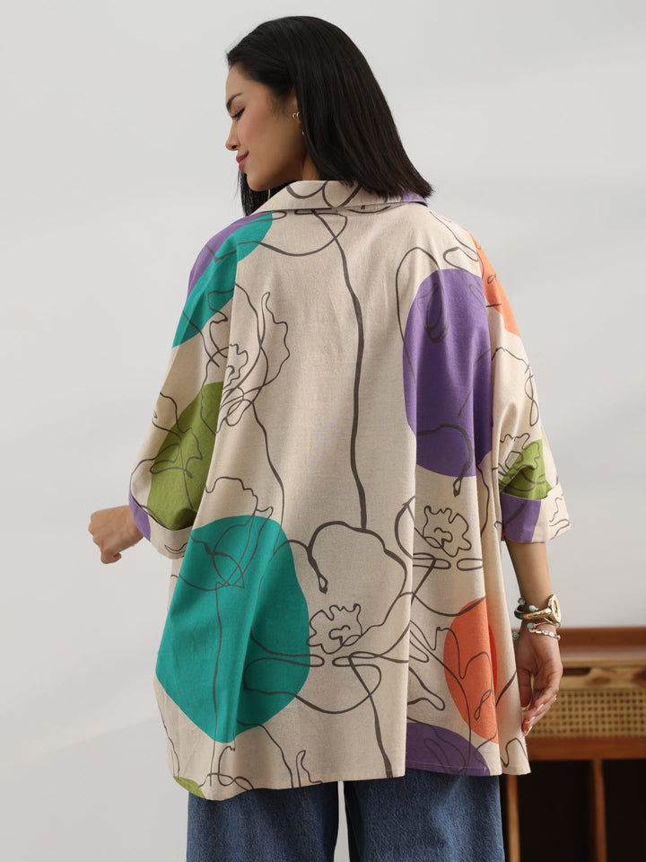 Off White Printed Cotton Straight Short Kurti