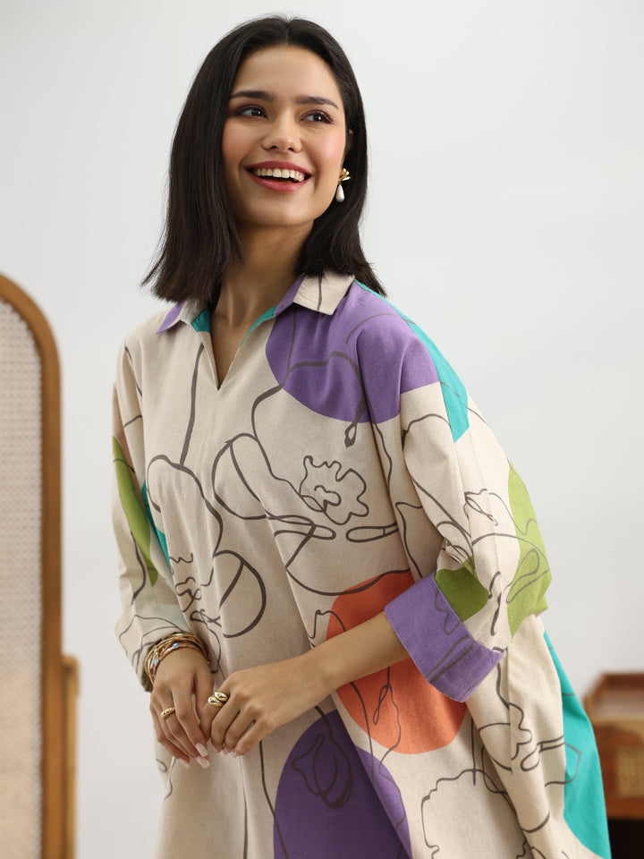 Off White Printed Cotton Straight Short Kurti