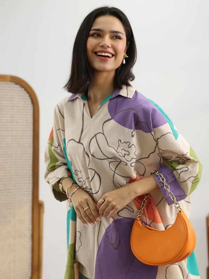 Off White Printed Cotton Straight Short Kurti