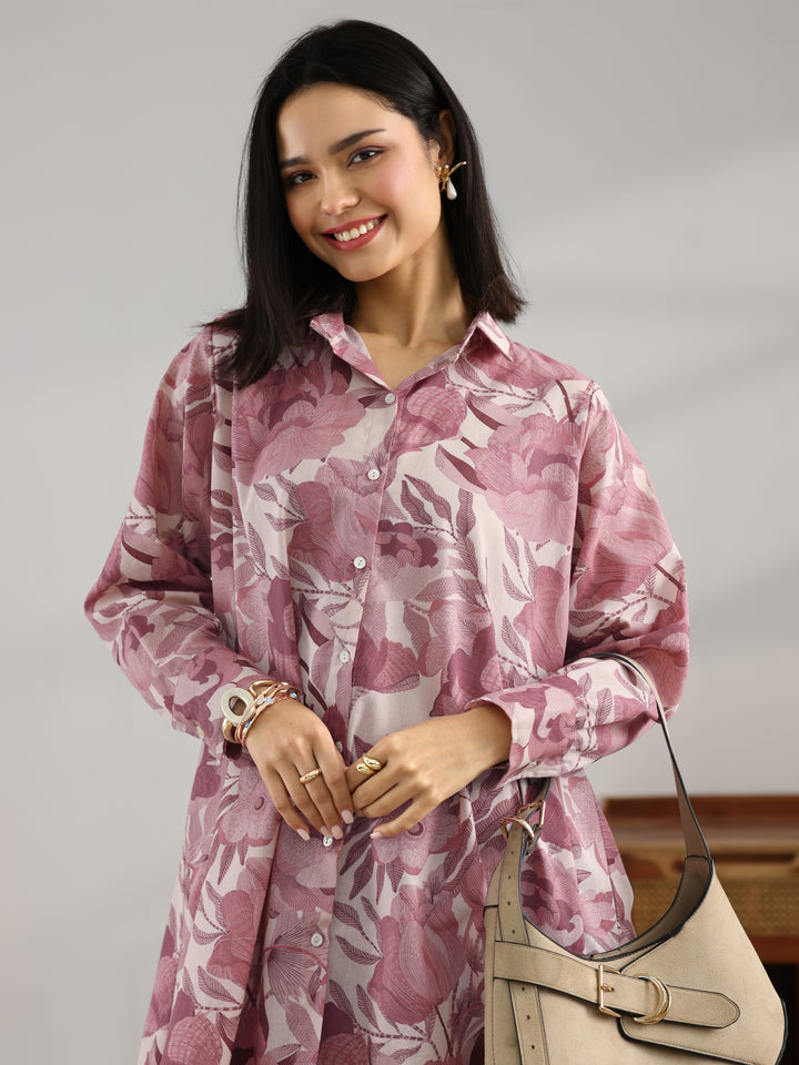 Mauve Printed Cotton A-Line Shorti Kurti